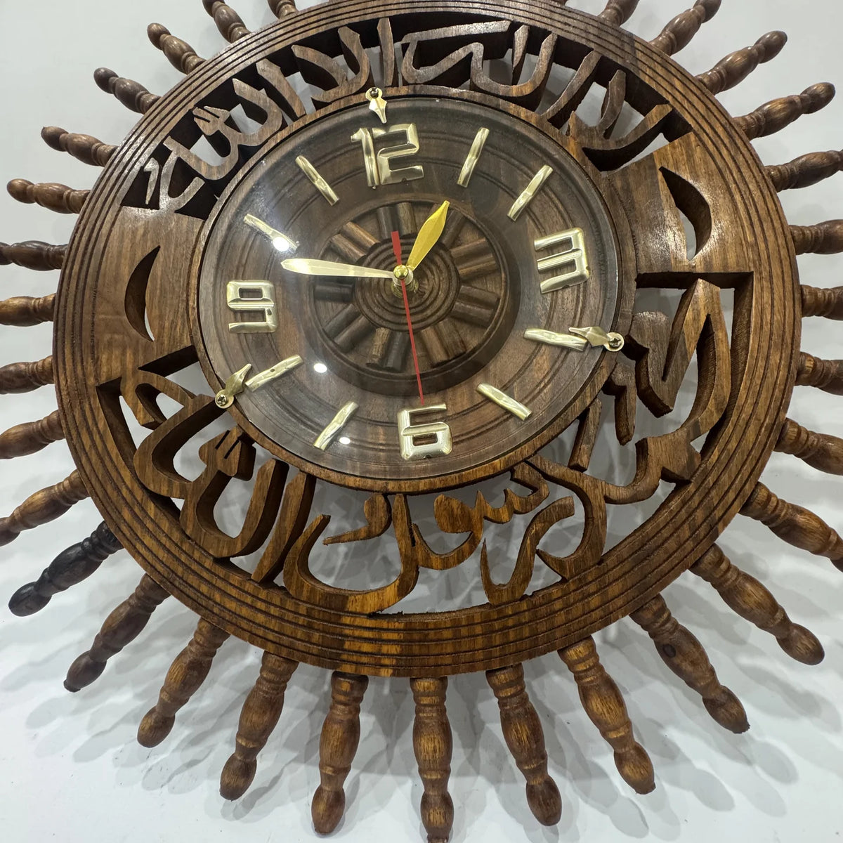 Carved wooden wall clock with Kalma calligraphy, 18 inch, handmade by Craft Edges, view 2 of 3