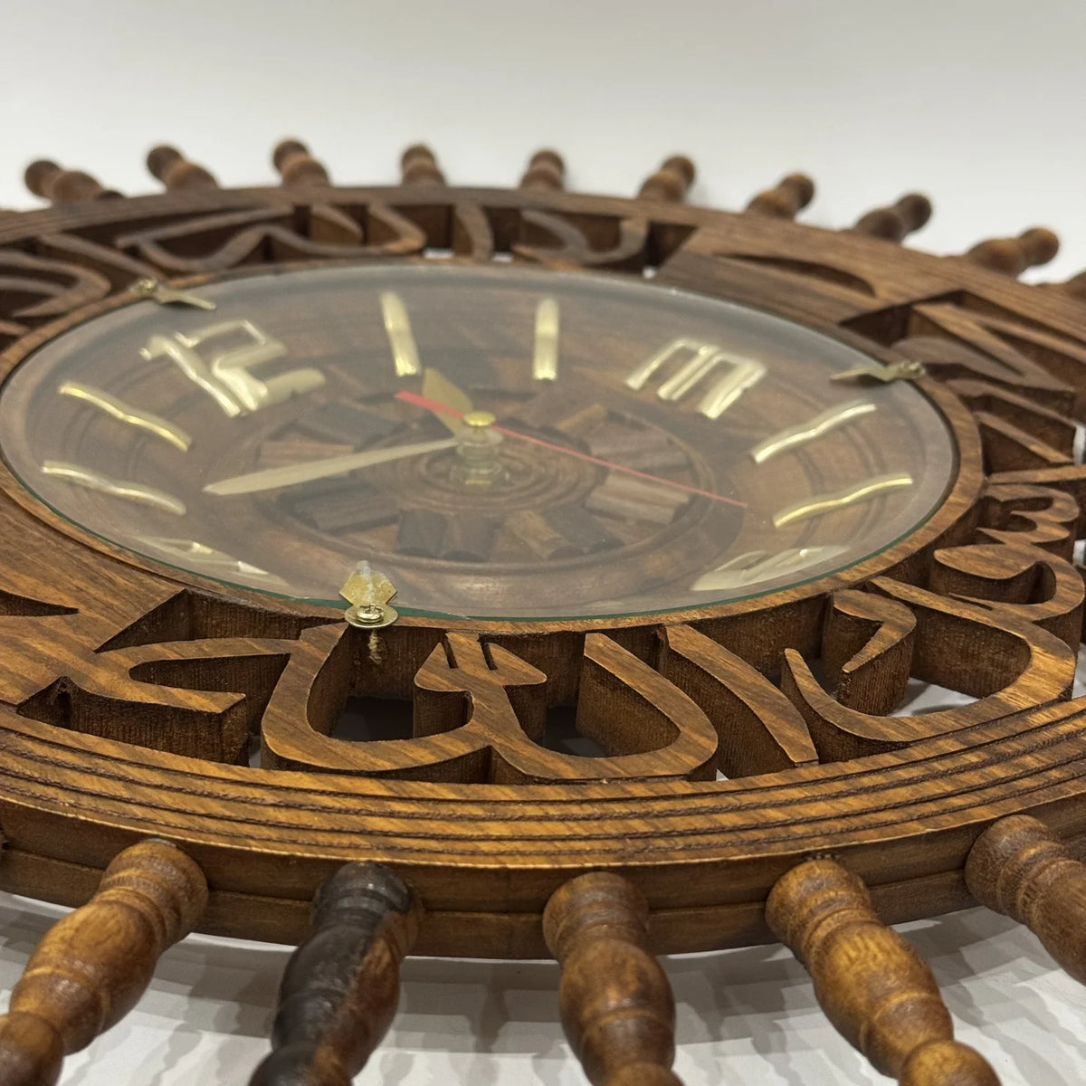 Carved wooden wall clock with Kalma calligraphy, 18 inch, handmade by Craft Edges, view 3 of 3