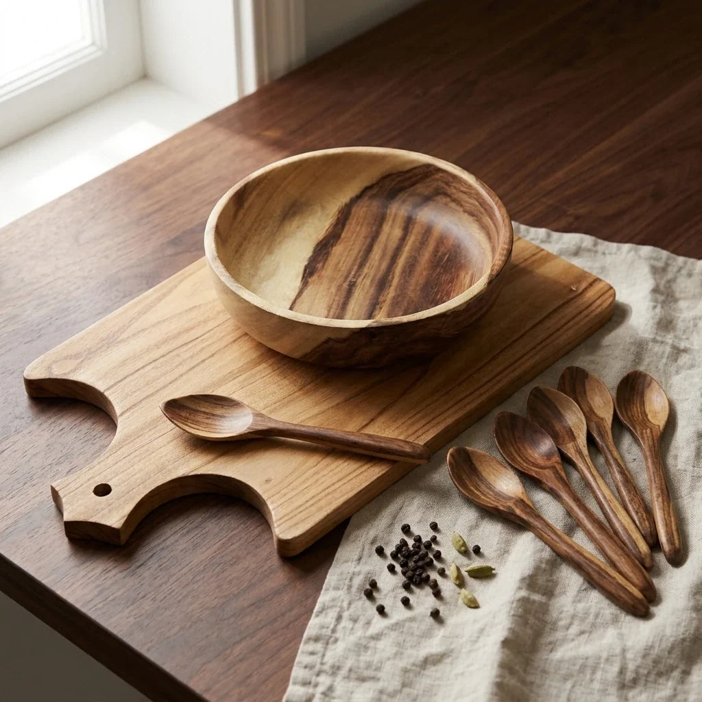 Kitchen Starter Gift Set by Craft Edges: large natural wooden cutting board, 8 inch natural sheesham bowl and six wooden spoons, all solid wood