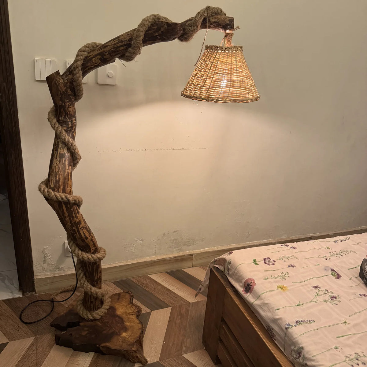 Live edge branch floor lamp with a woven cane shade, handmade by Craft Edges, view 1 of 4