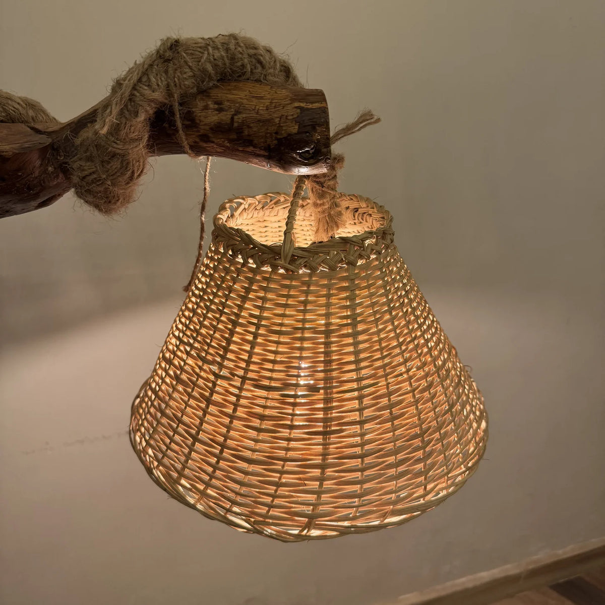 Live edge branch floor lamp with a woven cane shade, handmade by Craft Edges, view 2 of 4