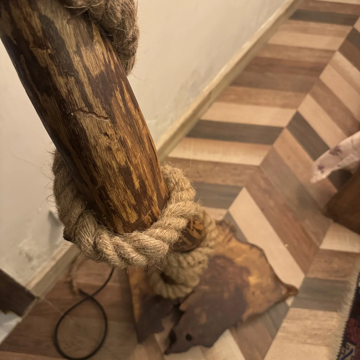 Live edge branch floor lamp with a woven cane shade, handmade by Craft Edges, view 3 of 4