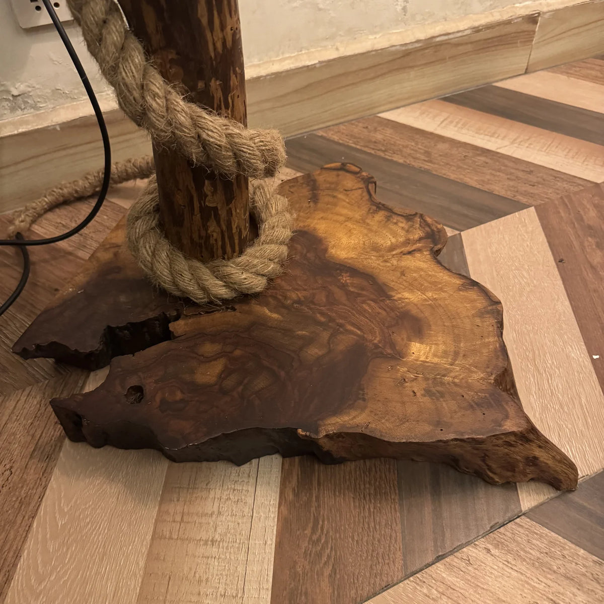 Live edge branch floor lamp with a woven cane shade, handmade by Craft Edges, view 4 of 4