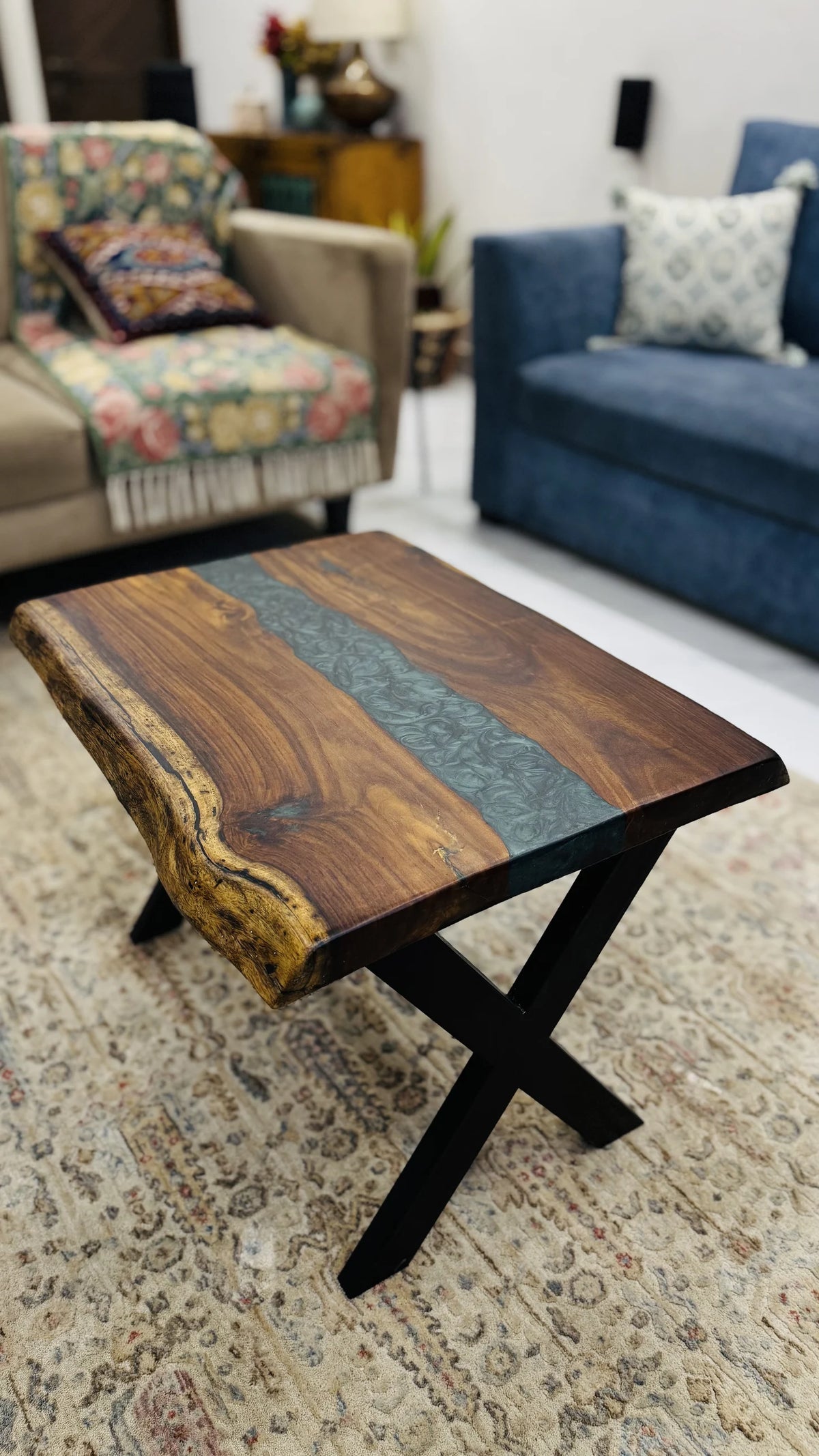 Live edge rectangular centre table 2 by 1.5 foot, emerald green resin river, handmade by Craft Edges