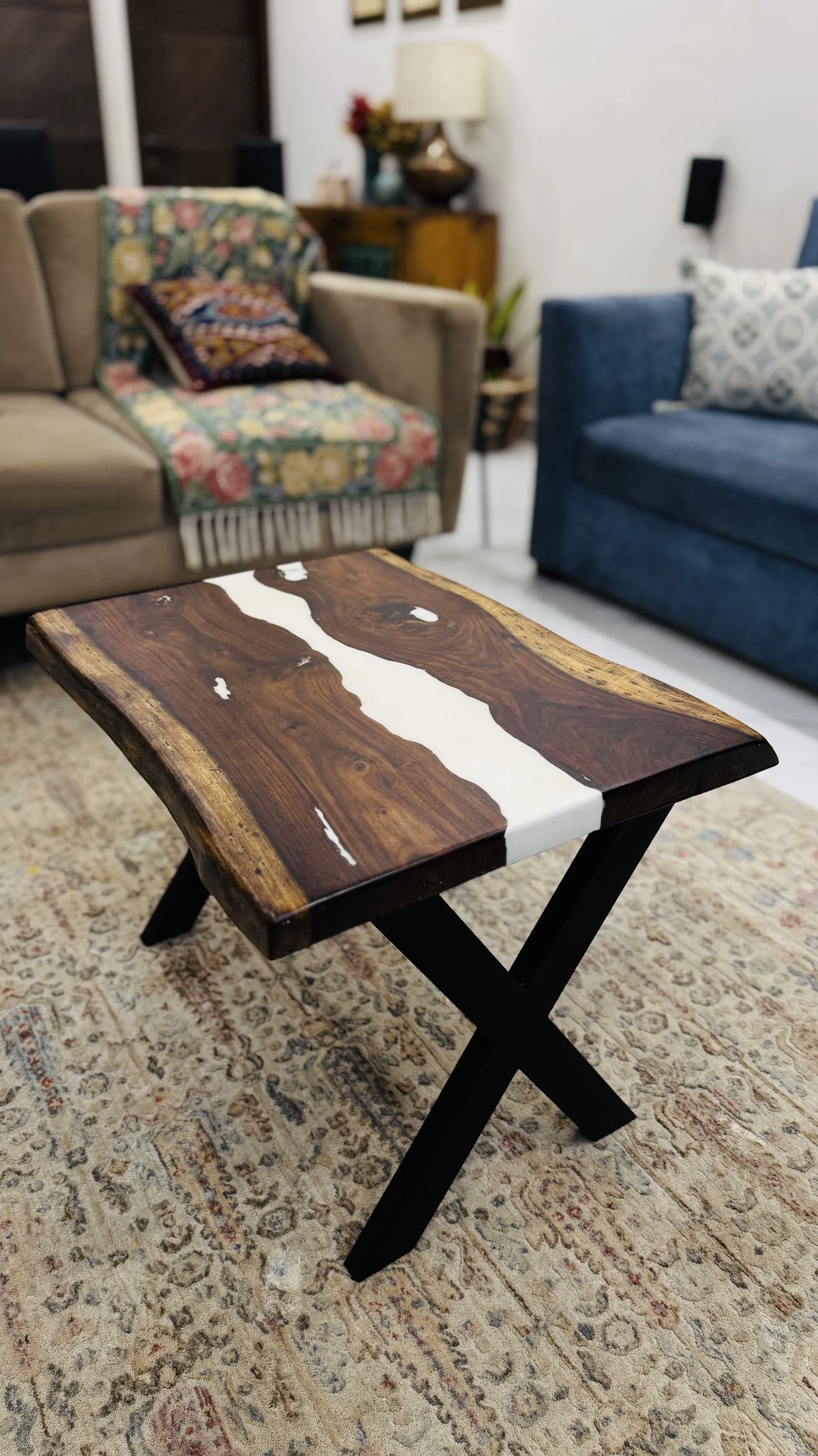 Live edge rectangular centre table, white river, view 3 of 4, handmade by Craft Edges
