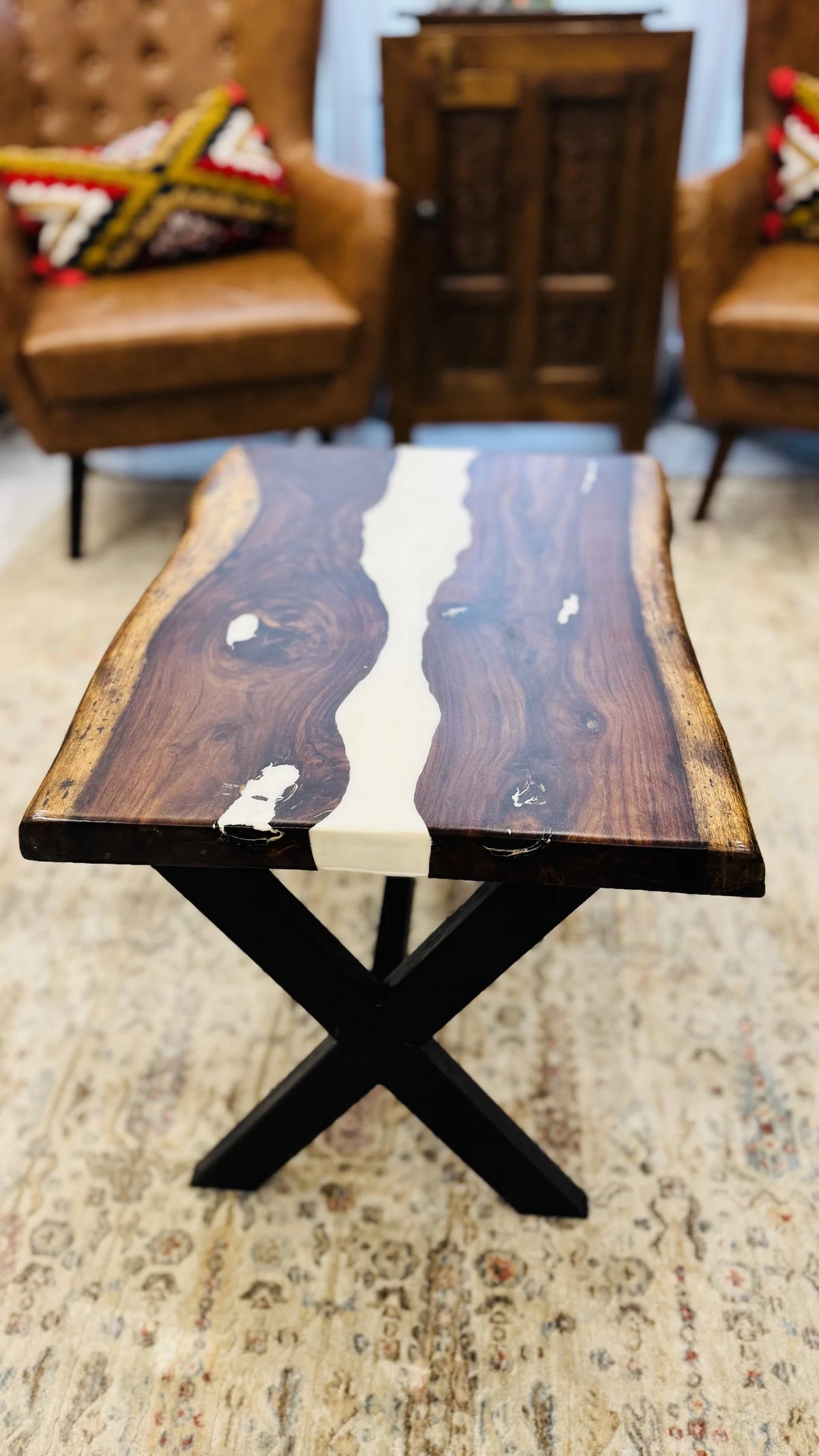 Live edge rectangular centre table 2 by 1.5 foot, white resin river, handmade by Craft Edges