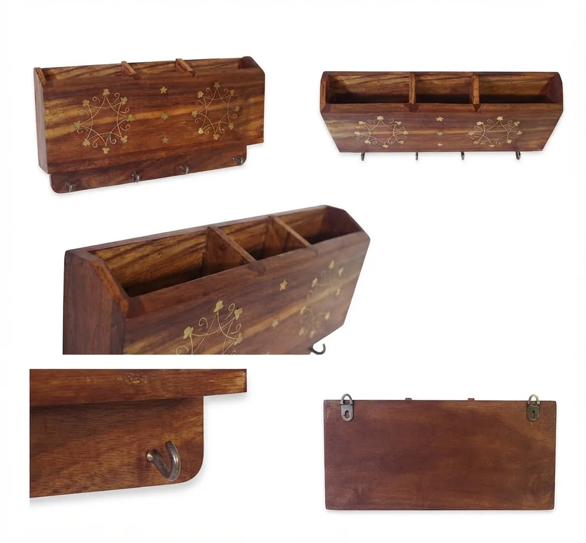Brass inlay wooden mobile and key holder from several angles showing three compartments, a key hook and back wall hangers