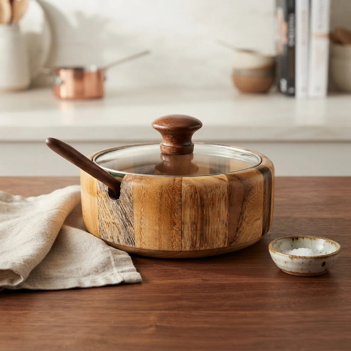 Multiwood Sugar Pot with Glass Lid and Spoon