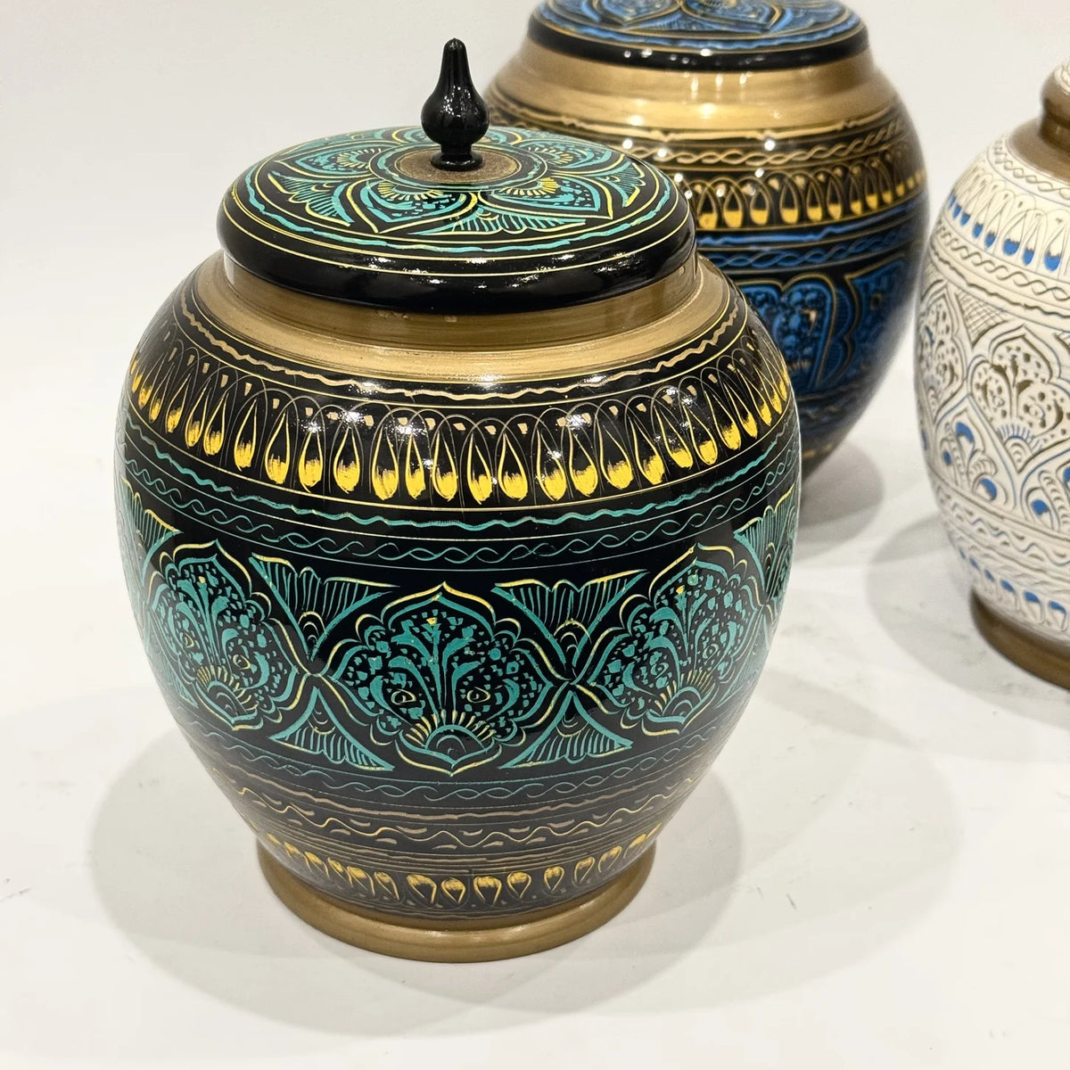 Naqshi art hand painted wooden candy jar, handmade by Craft Edges, view 4 of 9