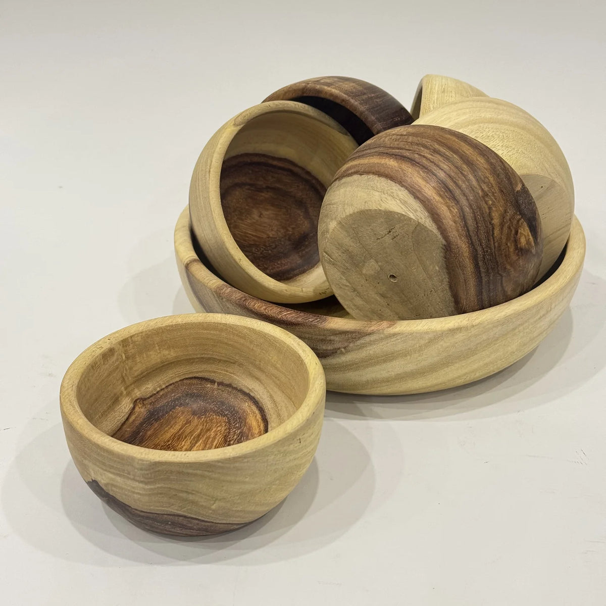 Natural sheesham wood bowl set, 8 inch bowl with 3 inch bowls, handmade by Craft Edges, view 2 of 3