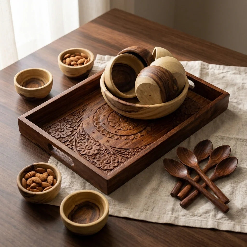 The New Home Serving Set by Craft Edges: large 14.5 inch hand carved sheesham tray with a natural sheesham bowl set, 8 inch and 3 inch bowls, and six wooden spoons