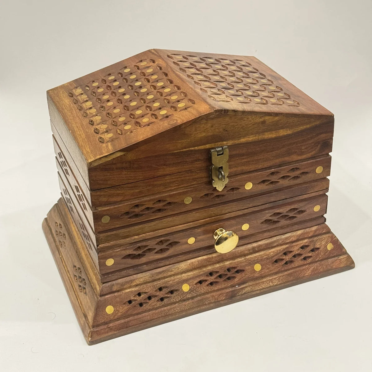 Premium hand carved wooden jewellery box, largest size, handmade by Craft Edges, view 1 of 5