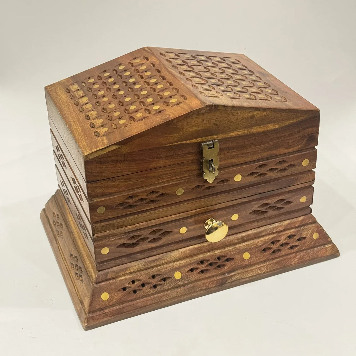 Premium hand carved wooden jewellery box, 12 by 14 inches and 13 inches tall, included in The Grand Wedding Collection