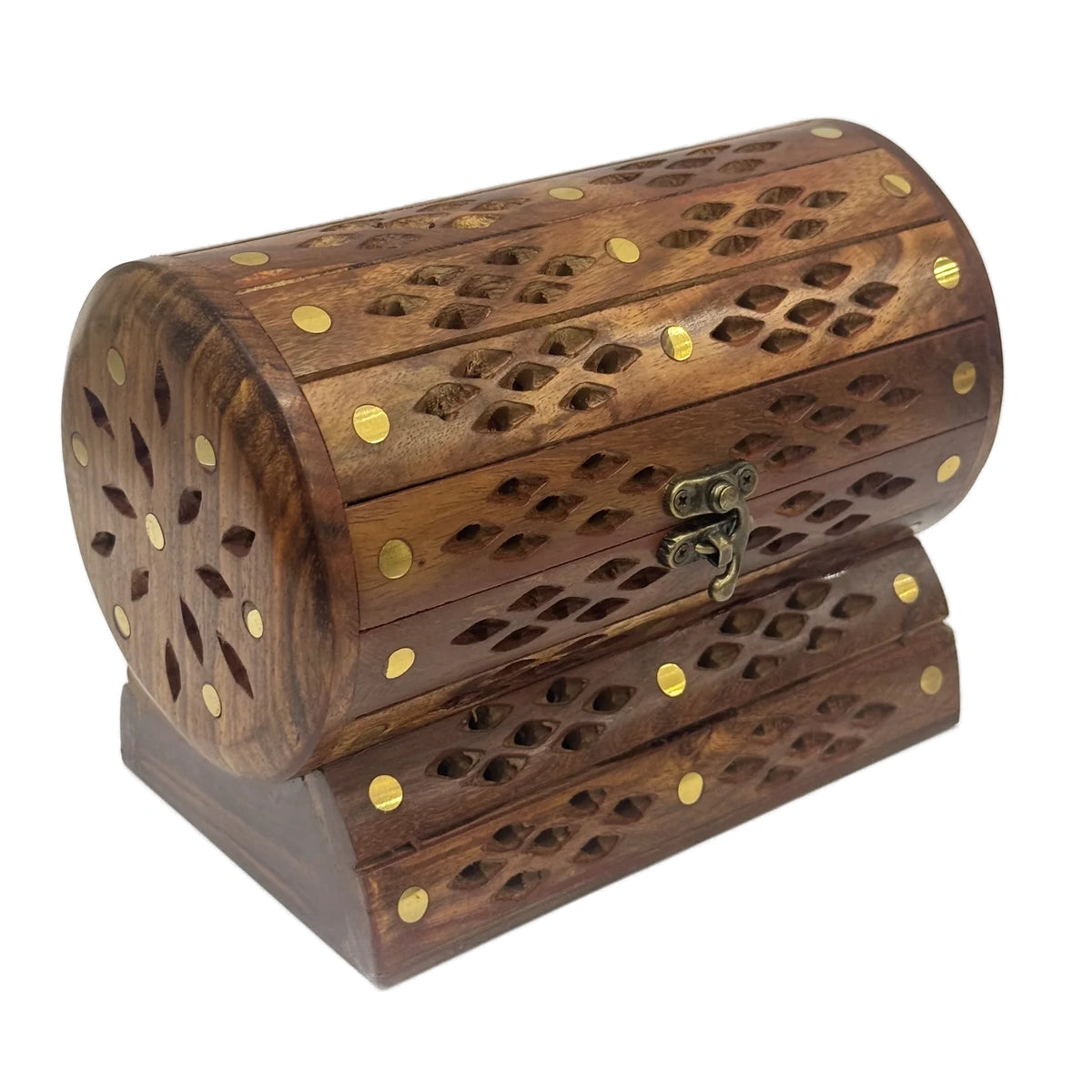 Premium round wooden jewellery box with brass inlay, handmade by Craft Edges, view 1 of 5