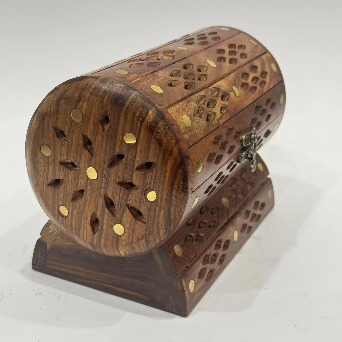 Premium round wooden jewellery box with brass inlay, handmade by Craft Edges, view 3 of 5