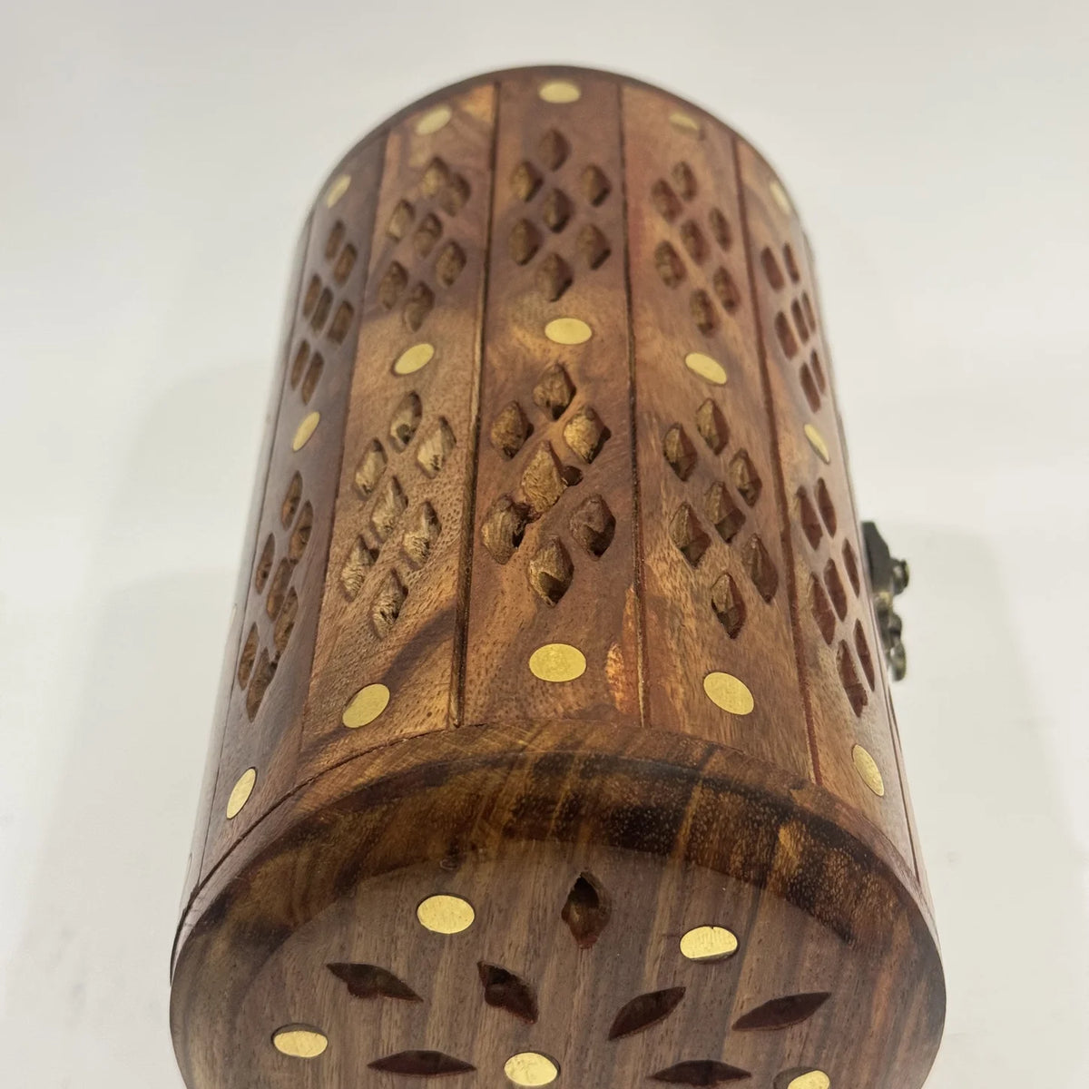 Premium round wooden jewellery box with brass inlay, handmade by Craft Edges, view 4 of 5