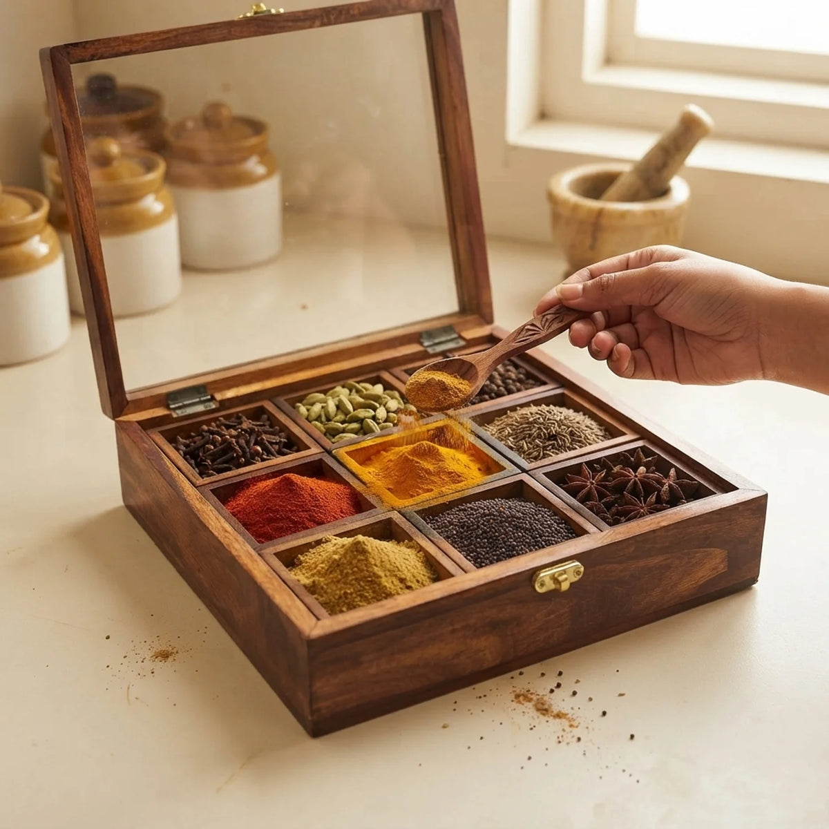 Wooden Spice & Dry Fruit Box 10" x 10" (9 Compartments)