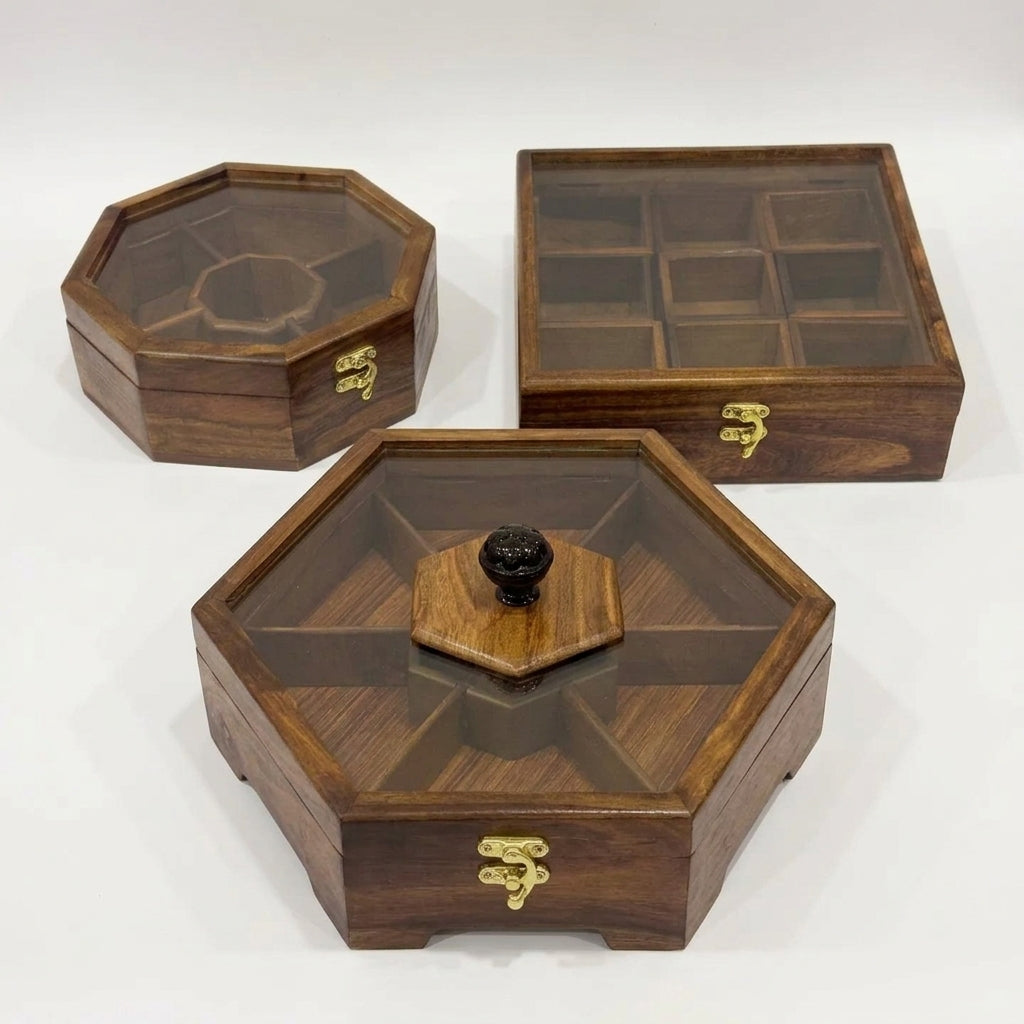 Wooden dry fruit box set of 3 in sheesham with glass lids, 12 inch octagonal, 10 x 10 inch nine compartment and 8 inch octagonal, handmade by Craft Edges
