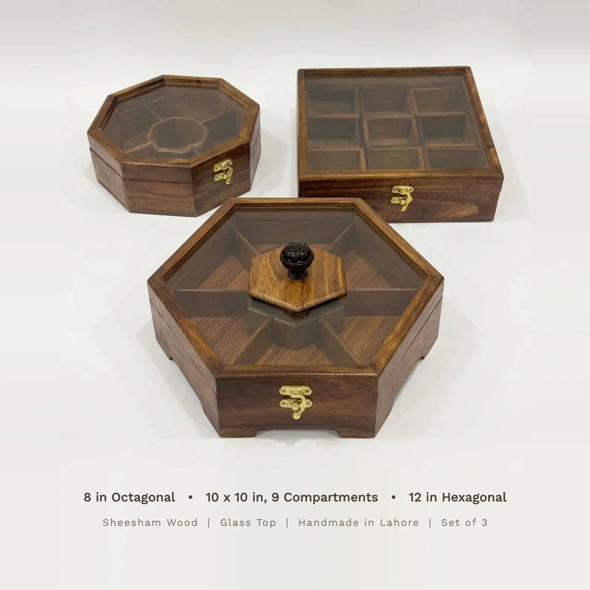 Dry fruit box set of 3 sizes, 8 inch octagonal, 10 x 10 inch nine compartment and 12 inch octagonal, sheesham wood with glass tops