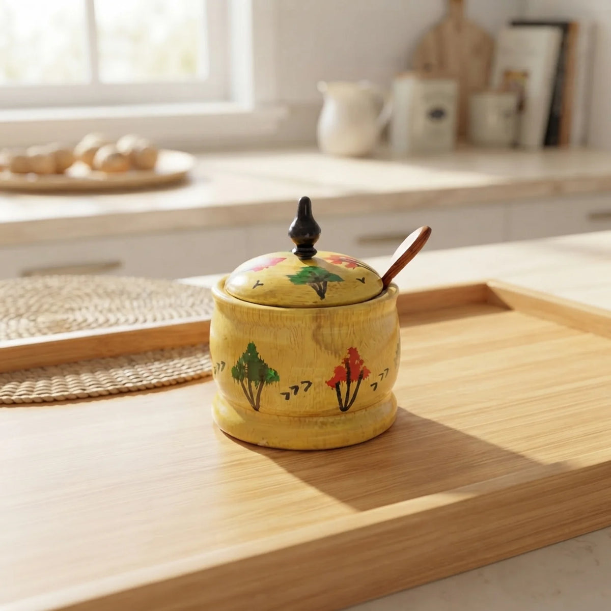 Hand Painted Scenery Wooden Sugar Pot
