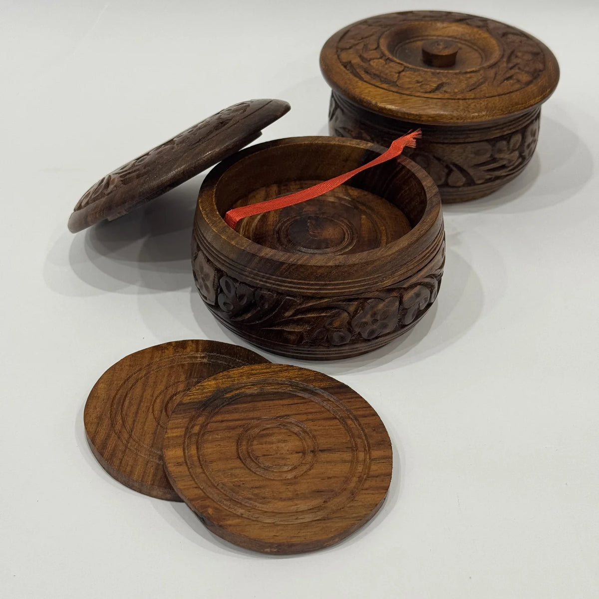 Carved wooden tea mat with matching coasters, handmade by Craft Edges, view 3 of 4