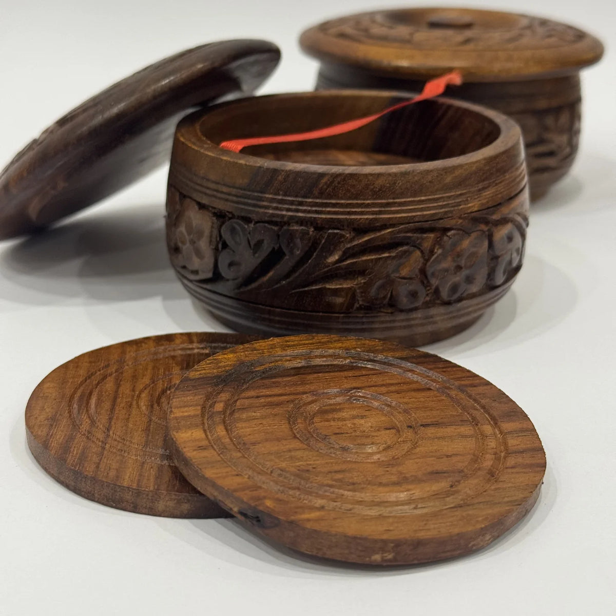 Carved wooden tea mat with matching coasters, handmade by Craft Edges, view 4 of 4