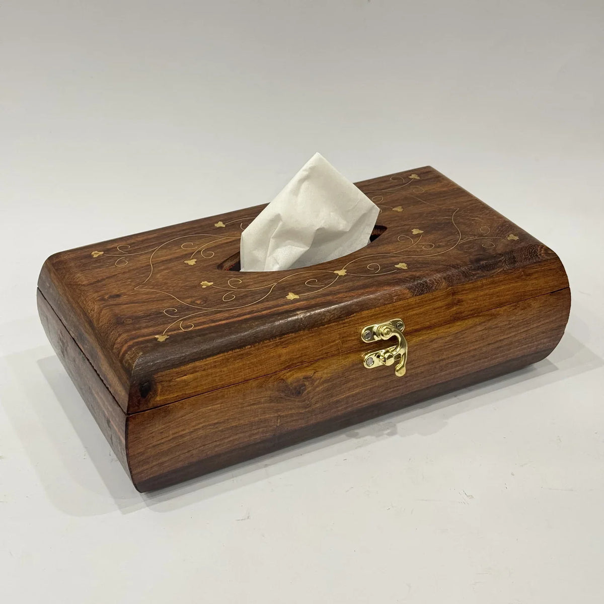 Wooden tissue box with brass inlay, 6 by 11 inches, included in The Gentleman's Collection