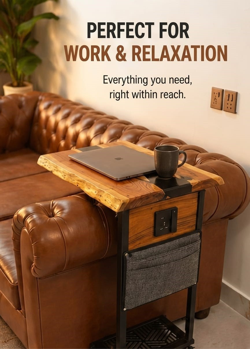Edge Desk – Height Adjustable Sofa Side Table with Charging Station, Premium Acacia Wood Live Edge Matte Top, Storage & Rolling Wheels