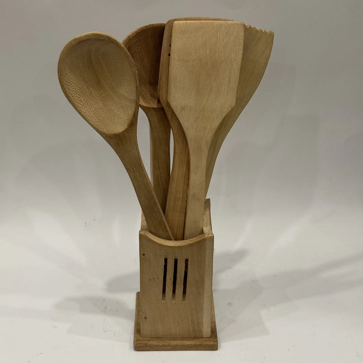 Wooden cooking spoon set with a matching stand, unpolished cheer wood, handmade by Craft Edges, view 1 of 2