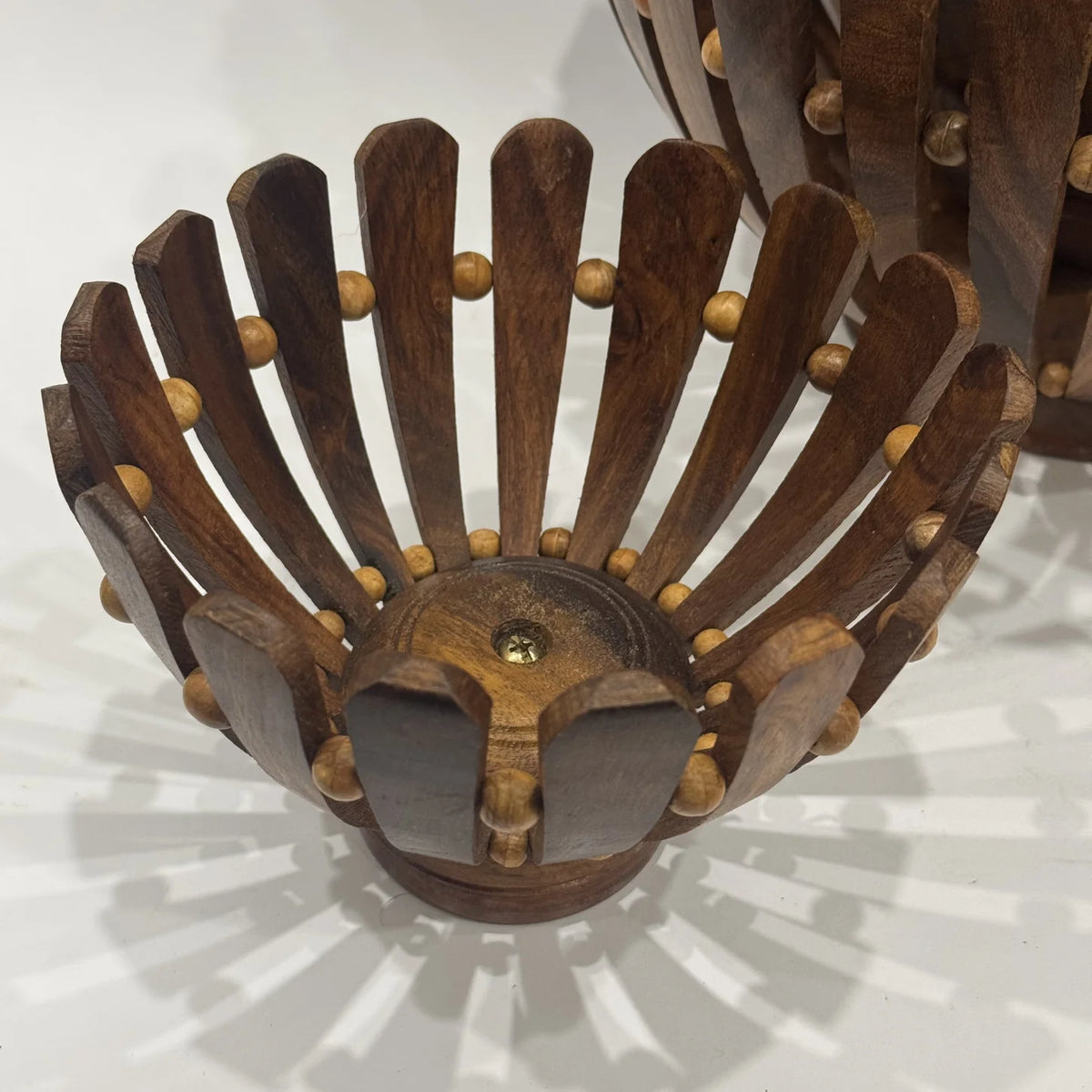 Wooden flower cut fruit basket in solid wood, handmade by Craft Edges, view 1 of 6