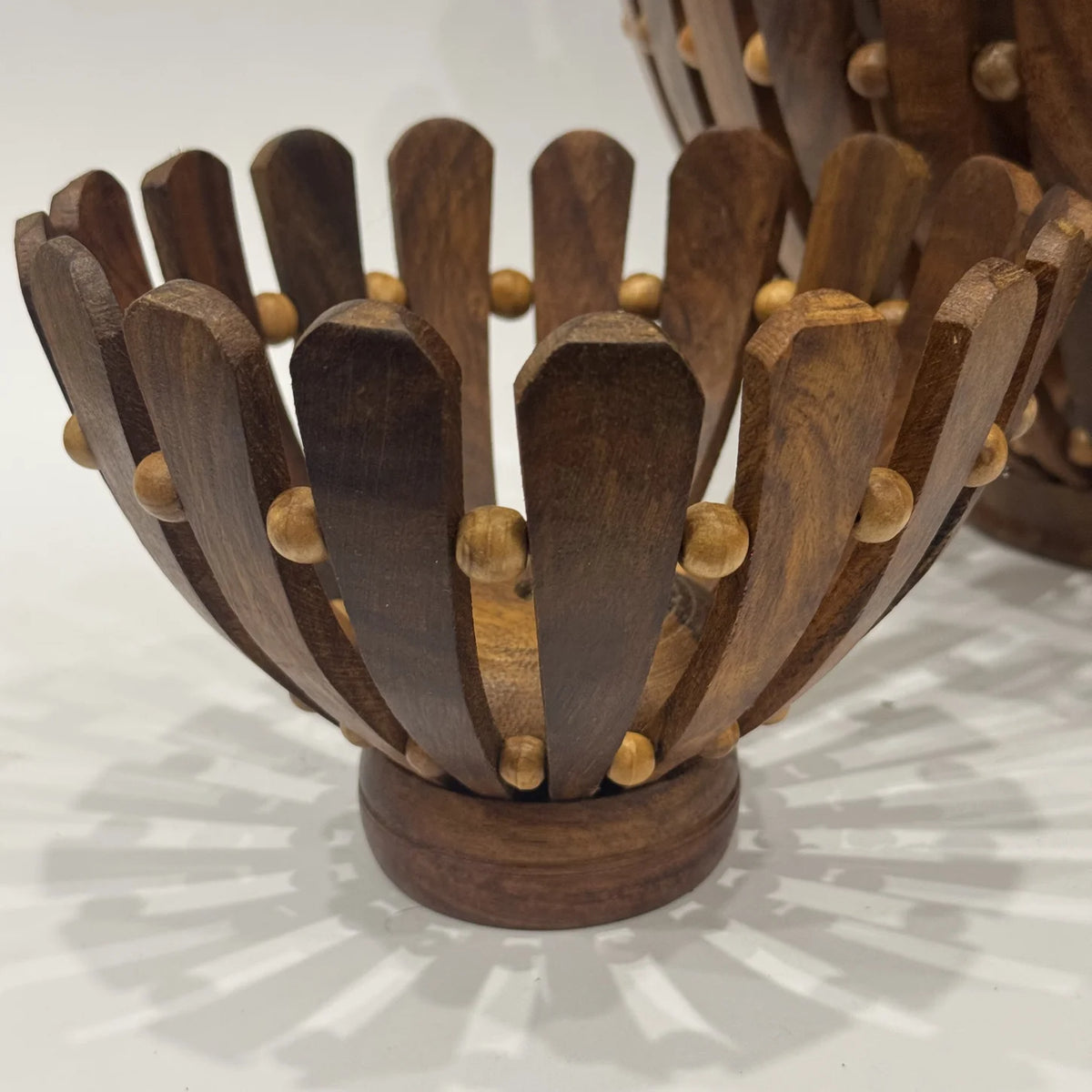 Wooden flower cut fruit basket in solid wood, handmade by Craft Edges, view 2 of 6