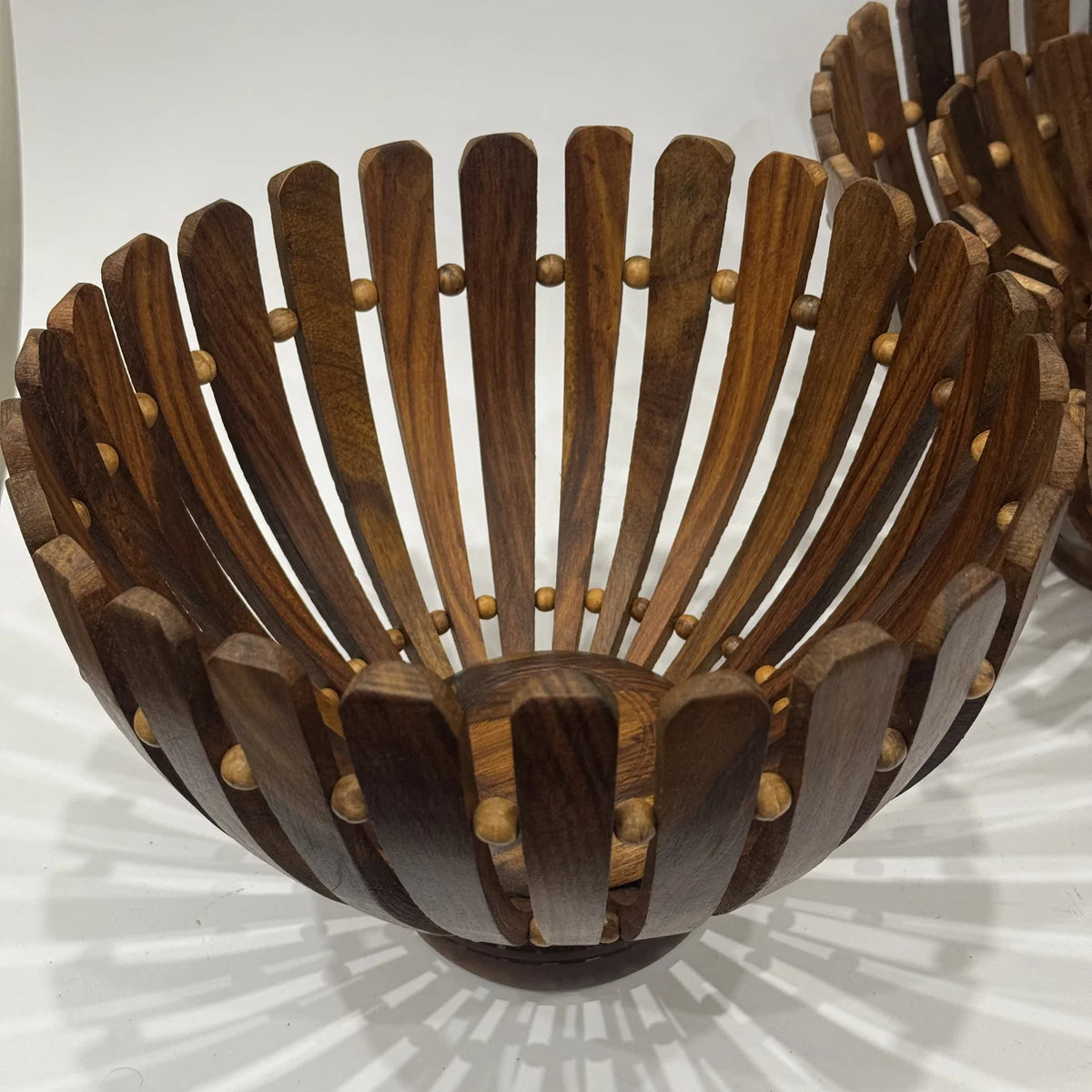 Wooden flower cut fruit basket in solid wood, handmade by Craft Edges, view 5 of 6