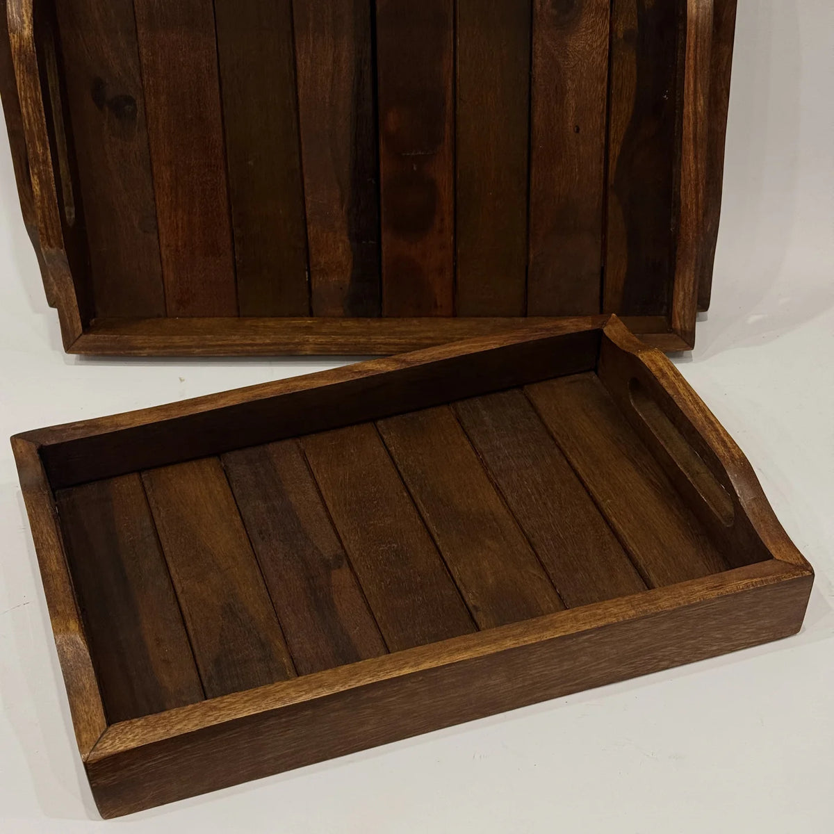 Striped wooden serving tray with contrast wood inlay, handmade by Craft Edges, view 1 of 3