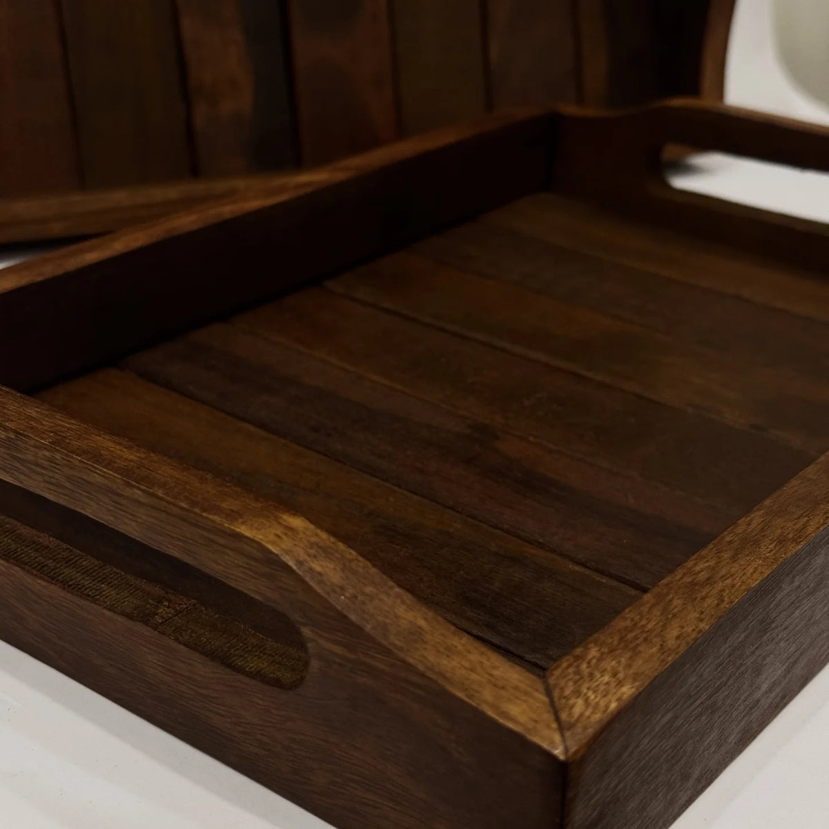 Striped wooden serving tray with contrast wood inlay, handmade by Craft Edges, view 2 of 3
