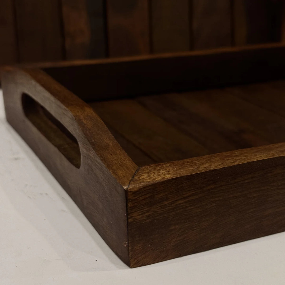 Striped wooden serving tray with contrast wood inlay, handmade by Craft Edges, view 3 of 3