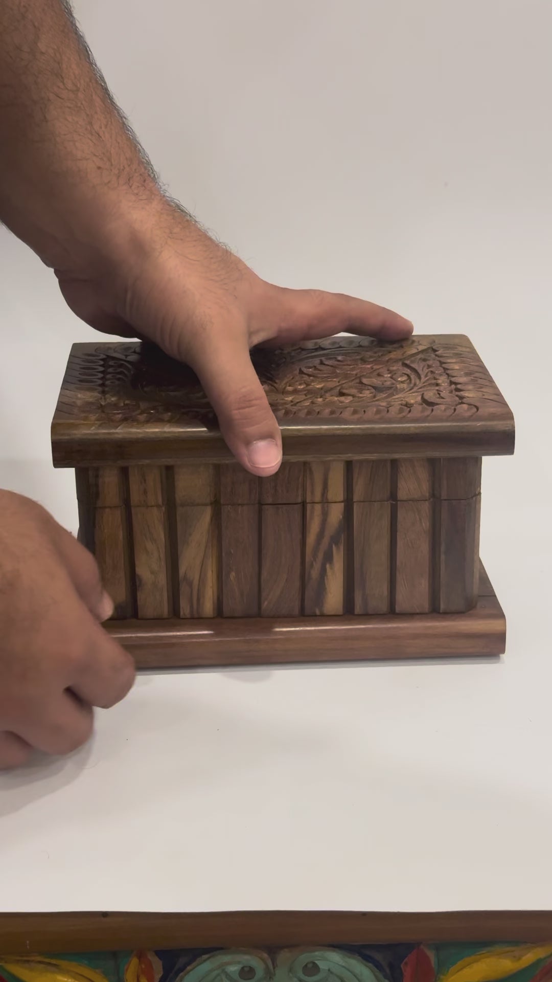 Video of the carved wooden jewellery box with safe lock, showing the brass lock turning and the lid opening